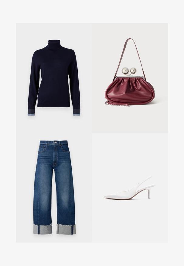 Marineblå turtleneck sweater i et blødt stof, med lange ærmer og denim-lignende detaljer ved manchetterne, med en tætsiddende design.; Mørkeblå denim bukser med brede ben, frayed afslutning og lyse grå manchetter. Har et traditionelt fem-lomme design.; Hvid læder slingback damesko med spids tå, lav kittenhæl og lille dekorativ sløjfe på toppen, vist i sideprofil.; Lille bordeaux læderhåndtaske med rynkede detaljer, en tynd rem og en sølvspænde med to store runde knopper.