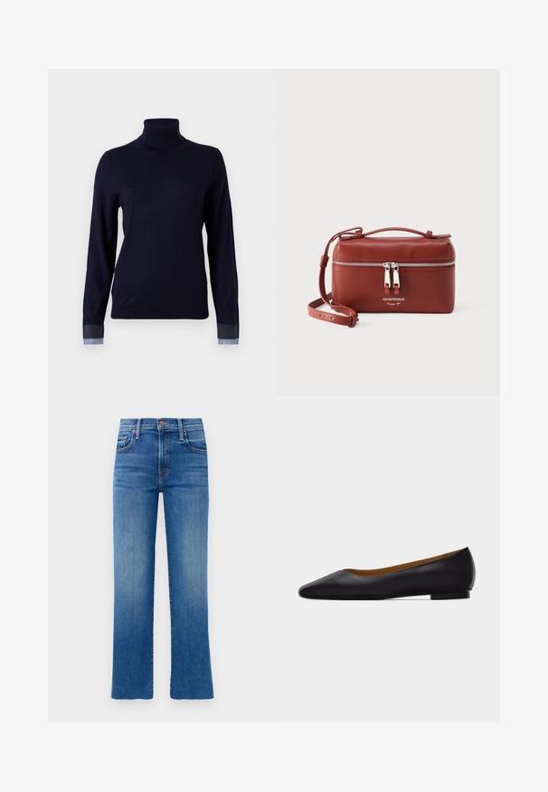 Pull à col roulé bleu marine en tissu doux, avec des manches longues et des accents inspirés du denim aux poignets, avec une coupe ajustée.; Jean en denim bleu avec une coupe droite, une taille haute et un léger dégradé. Présente un style classique à cinq poches et des accents en métal doré.; Chaussure plate en cuir noir à bout pointu avec talon bas et finition lisse, vue de côté sur un fond gris clair.; Petit sac bandoulière en cuir marron avec double fermeture éclair argentée et sangle réglable, logo Emporio Armani à l'avant.