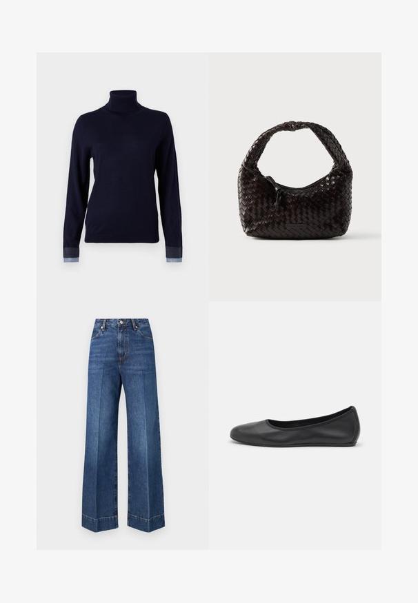 Pull à col roulé bleu marine en tissu doux, avec des manches longues et des accents inspirés du denim aux poignets, avec une coupe ajustée.; Jean en denim bleu à taille haute, jambes larges, poches avant, fermeture par boutons, avec des détails de couture visibles sur un fond blanc uni.; Ballerines en cuir noir avec un bout rond, texture lisse, détails de couture minimalistes et design de semelle flexible.; Sac à main en cuir tressé de couleur brun foncé, de forme arrondie avec une poignée épaisse et tressée. Dispose d'une fermeture éclair et d'un logo discret sur le côté.