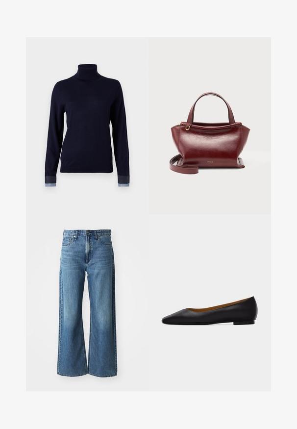 Pull à col roulé bleu marine en tissu doux, avec des manches longues et des accents inspirés du denim aux poignets, avec une coupe ajustée.; Jean en denim bleu à jambes larges avec une taille mi-haute, cinq poches et un léger dégradé. Caractéristiques : passants de ceinture et détails cousus.; Chaussure plate en cuir noir à bout pointu avec talon bas et finition lisse, vue de côté sur un fond gris clair.; Sac à main en cuir rouge foncé avec doubles poignées supérieures, bandoulière amovible, ferrures dorées et nom de la marque Wandler au centre avant.