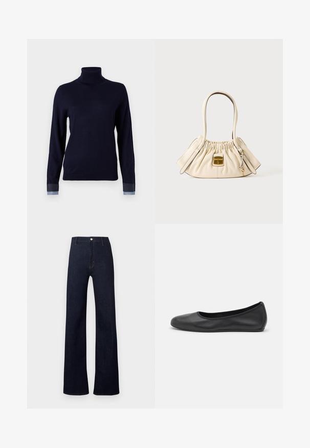 Pull à col roulé bleu marine en tissu doux, avec des manches longues et des accents inspirés du denim aux poignets, avec une coupe ajustée.; Pantalon en jean bleu foncé avec une taille haute, une coupe ample à jambes larges, et un style classique à cinq poches. Il présente des détails en bronze et des coutures discrètes.; Ballerines en cuir noir avec un bout rond, texture lisse, détails de couture minimalistes et design de semelle flexible.; Sac à main en cuir souple couleur crème avec le haut froncé, deux poignées et un petit fermoir rectangulaire doré à l'avant.