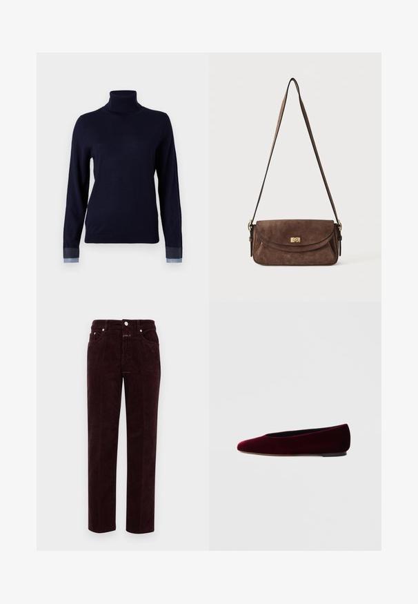 Marineblå turtleneck sweater i et blødt stof, med lange ærmer og denim-lignende detaljer ved manchetterne, med en tætsiddende design.; Burgunderfarvede fløjl bukser med lige snit, som har forlommer og sølv metaldele. Stoffet har en ribbet tekstur.; Bourgognefarvede balletflade sko i fløjl med rundet tå og lav hæl, med en glat tekstur og elegant design.; Brun ruskind skuldertaske med en lang, justerbar strop og en guldfarvet drejelås på frontklappen.