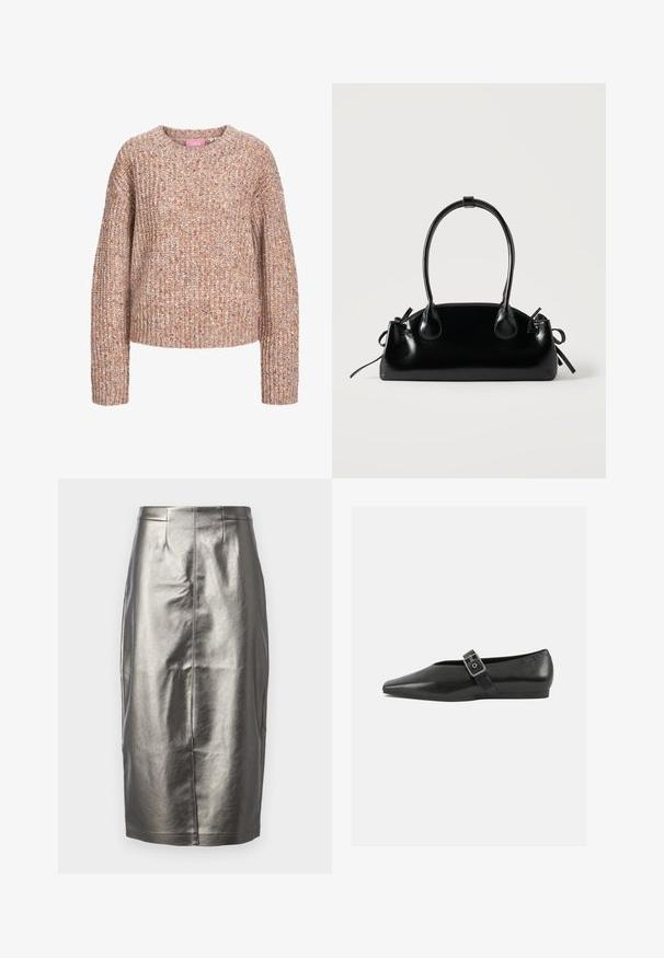 Chunky striktrøje i nuancer af beige og lys brun, med rund halsudskæring og lange ærmer med en tekstureret finish.; Metallic sølv blyantskirt i et glat, skinnende materiale. Har høj talje, slids bagpå og detaljer med midtersøm.; Sorte læder flade sko med spidse tæer, prydet med en metallisk spænde over vristen og en lav, fleksibel sål.; Lille sort blank håndtaske med to lange håndtag og snøre-detaljer i siden på en ensfarvet lys baggrund.