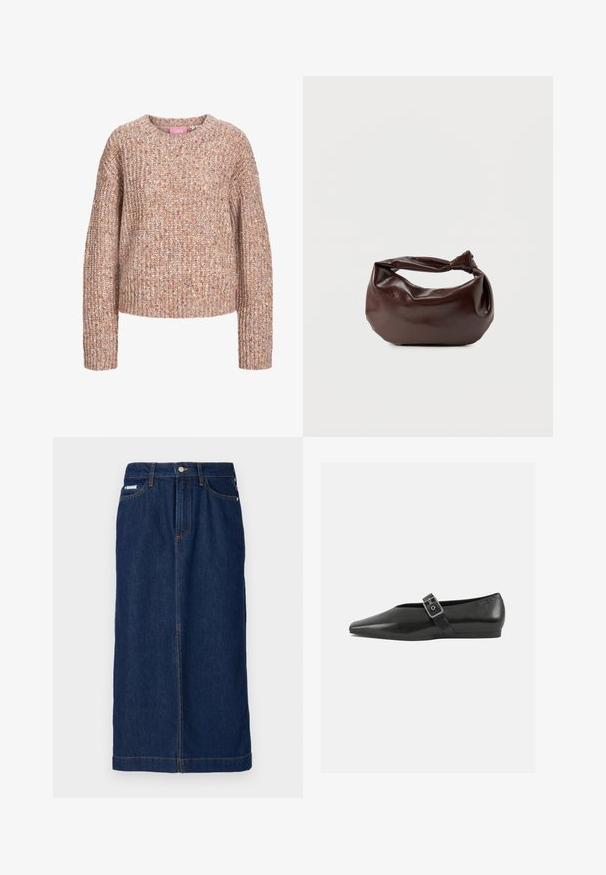 Pull en maille épaisse dans des tons de beige et de marron clair, avec un col rond et des manches longues au fini texturé.; Jupe en denim bleu foncé avec une coupe droite, elle présente des coutures orange, une taille avec passants de ceinture et des poches avant.; Chaussure plate en cuir noir avec un orteil pointu, présentant une sangle à boucle métallique sur le cou-de-pied et une semelle basse et flexible.; Sac bandoulière en cuir marron foncé avec une forme souple et décontractée et une anse nouée torsadée sur un fond blanc uni.
