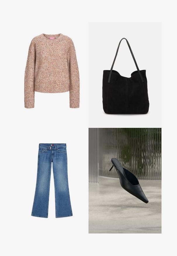 Chunky striktrøje i nuancer af beige og lys brun, med rund halsudskæring og lange ærmer med en tekstureret finish.; Blå bootcut jeans med let falming på lårene, dobbelt knaplukning samt for- og møntlommer.; Sort mule sko med spids tå og tynd høj hæl, der svæver over en glat beton gulv med en sløret baggrund med lodrette striber.; Sort ruskinds totemed med to lange, flade læderremme. Har en buet topkant og synlige stikninger langs forsiden. Ingen hardware-dekorationer.