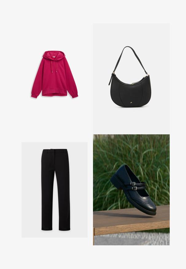 Sweat-shirt à capuche fuchsia avec des manches raglan, présentant des cordons de serrage, des poignets côtelés et une texture unie. Aucun logo ou motif visible.; Pantalon noir à jambes droites avec passants de ceinture, fermeture éclair à l'avant et une ceinture lisse, présenté sur un fond clair uni.; Chaussure Mary Jane en cuir noir avec doubles brides bouclées et détails brogue, flottant au-dessus d'un banc en bois avec en arrière-plan de l'herbe verte.; Sac à main en cuir noir avec une forme courbée, surface texturée, coutures avant et un logo doré. Il est doté d'une seule sangle ajustable.