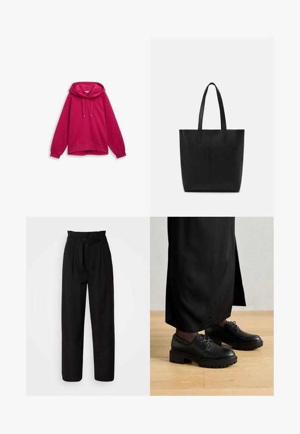 Sweat-shirt à capuche fuchsia avec des manches raglan, présentant des cordons de serrage, des poignets côtelés et une texture unie. Aucun logo ou motif visible.; Pantalon noir taille haute à jambes larges, avec plis avant et une ceinture en tissu avec une boucle circulaire. Texture lisse et design ajusté.; Chaussures en cuir noir avec un bout arrondi, une semelle en caoutchouc épaisse et des lacets. Le design présente des coutures décoratives le long de la tige.; Sac fourre-tout noir en matériau texturé, avec deux longues poignées et un design simple et minimaliste sans hardware visible.