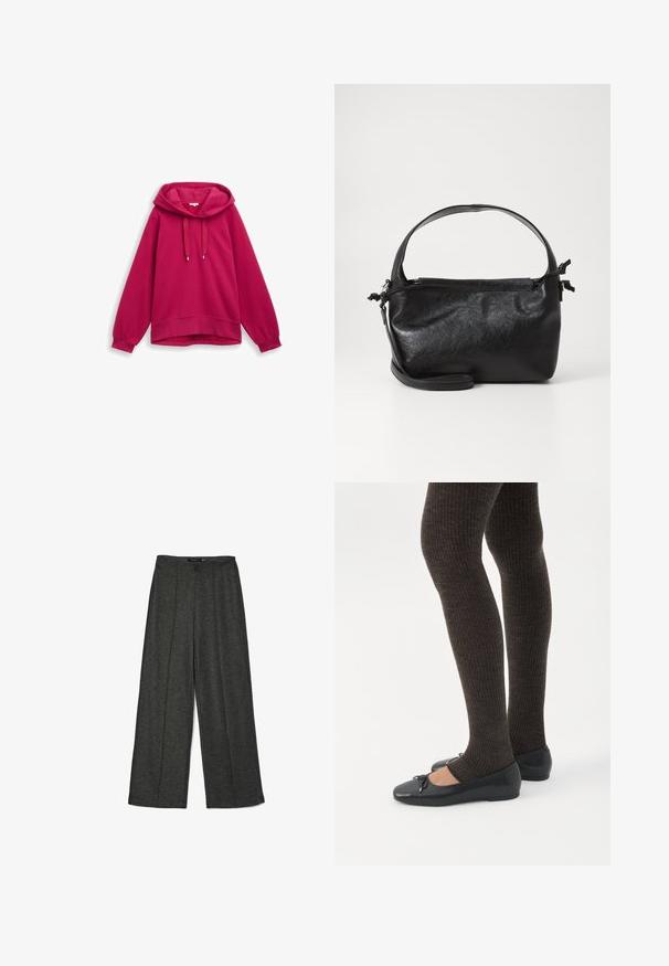 Sweat-shirt à capuche fuchsia avec des manches raglan, présentant des cordons de serrage, des poignets côtelés et une texture unie. Aucun logo ou motif visible.; Pantalons larges gris foncé en tissu texturé, avec une taille haute et deux plis avant pour un détail de design supplémentaire.; Jambes portant des leggings côtelés foncés associés à des ballerines noires avec de petits détails en nœud sur fond blanc.; Sac à main en cuir noir au design structuré, avec une poignée arrondie et une bandoulière amovible. Présente une texture lisse et un éclat subtil.