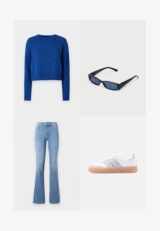 Suéter corto azul con mangas largas, cuello redondo y dobladillo acanalado. Fabricado con una tela suave y texturizada con un brillo sutil.; Jeans acampanados de color azul claro con una cintura de altura media, diseño clásico de cinco bolsillos y un ligero desvanecimiento a lo largo de las piernas. Textura de tela vaquera.; Zapatilla blanca de perfil bajo con suela de goma, acentos laterales plateados a rayas y cierre de cordones, mostrada sobre un fondo claro y liso.; Gafas de sol negras con una elegante montura rectangular y lentes azules. Presentan una textura suave y varillas resistentes. Logo de la marca en el costado.