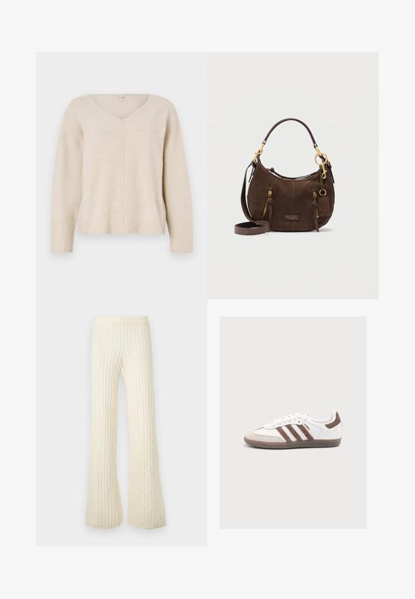 Pull en tricot beige avec un col en V, des poignets et un ourlet côtelés. Présente un design de couture centrale et une coupe ample. Matière douce et texturée.; Pantalon large couleur crème en maille torsadée avec taille élastique, conçu pour la chaleur et le confort.; Baskets blanches Adidas Samba avec des bandes en daim marron, un patch marron au talon, un bout beige et une semelle en caoutchouc translucide, vues de côté.; Sac à bandoulière en daim marron foncé avec ferrures dorées, fermetures éclair à l'avant, plaque de marque, et bandoulière longue amovible sur fond blanc.