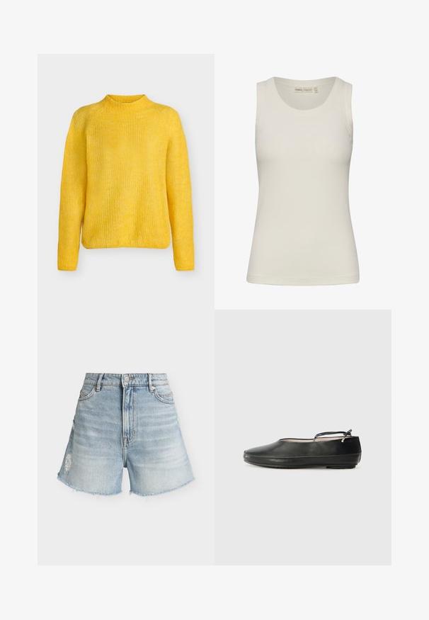 Pull en maille jaune vif à manches longues et col rond haut, présenté sur un fond blanc uni.; Débardeur blanc à côtes, avec un col rond et sans manches. Texture lisse et coupe ajustée, idéal pour le superposition.; Short en jean bleu clair taille haute, bouton et fermeture éclair à l'avant, poches avant, légère usure au niveau de la cuisse gauche et ourlets effilochés.; Ballerines en cuir noir avec un bout arrondi, une sangle à la cheville et une surface lisse. Elles présentent des embellissements minimaux et une semelle en caoutchouc flexible.