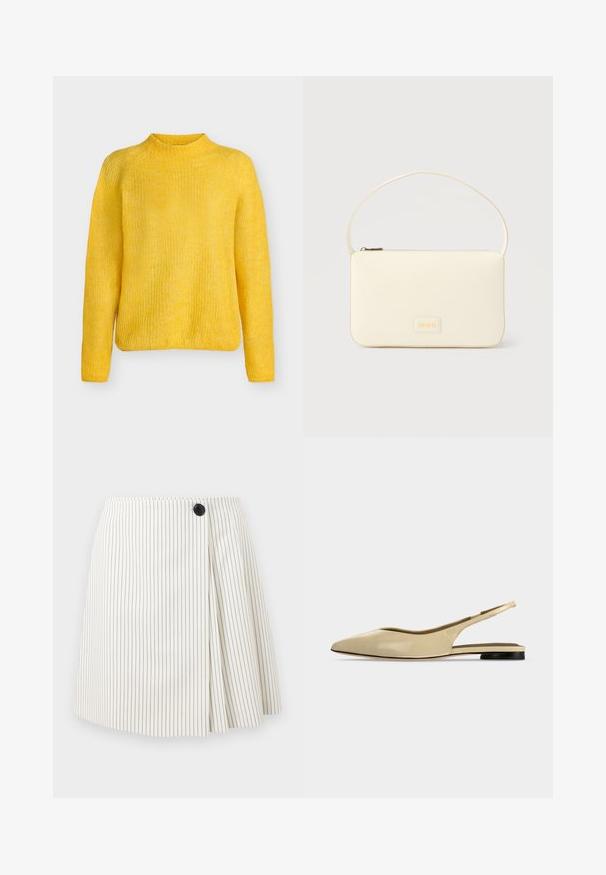 Pull en maille jaune vif à manches longues et col rond haut, présenté sur un fond blanc uni.; Mini-jupe blanche à fines rayures noires verticales, détail plissé sur le côté droit et un seul bouton noir à la taille.; Chaussure plate beige à bout pointu avec bride arrière, petit talon noir et finition en cuir lisse, vue de côté sur un fond uni.; Sac à main rectangulaire de couleur crème avec une seule sangle et une fermeture éclair sur le dessus, comportant une petite plaque de logo embossé à l'avant.
