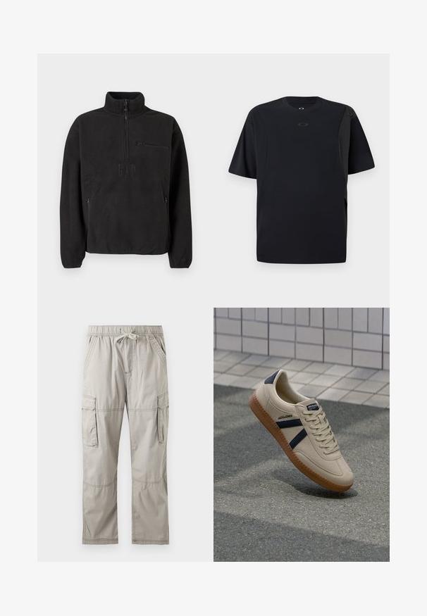 Pull-over polaire noir avec col montant, fermeture à moitié zippée et poche avant zippée. Tissu texturé et logo en relief.; T-shirt noir à manches courtes en tissu lisse, avec un design asymétrique et un petit logo sur la poitrine.; Pantalon cargo gris clair avec taille élastique, cordon de serrage, poches latérales et poches à rabat sur les cuisses, posé à plat sur fond blanc.; Baskets beiges avec une finition texturée, bandes navy et semelle en caoutchouc. Équipées d'une languette rembourrée et d'un système de laçage traditionnel pour un maintien sécurisé.