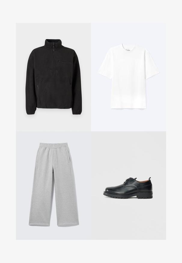 Pull-over polaire noir avec col montant, fermeture à moitié zippée et poche avant zippée. Tissu texturé et logo en relief.; T-shirt blanc uni à manches courtes et col rond avec une coupe décontractée, présenté sur un fond clair.; Pantalon de survêtement gris clair à jambes larges avec taille élastique et poches latérales, présenté sur un fond uni.; Chaussures derby en cuir noir avec une texture lisse, bout rond, design à lacets et une semelle en caoutchouc épaisse et robuste.