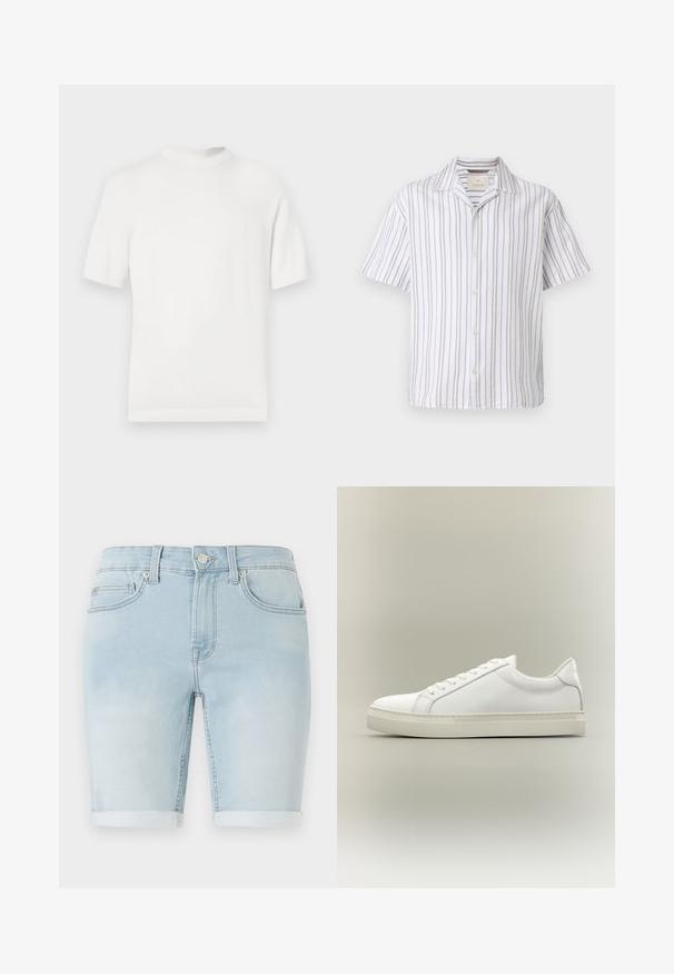 T-shirt en tricot blanc à manches courtes avec un col rond, présentant une texture lisse et des accents côtelés au niveau du col et de l'ourlet.; Chemise à manches courtes en tissu léger, avec des rayures verticales blanches et beiges, un col et un boutonnière sur le devant.; Shorts en denim bleu clair avec un ourlet retourné, design classique à cinq poches et fermeture par bouton à l'avant. Texture lisse avec un léger délavage.; Baskets blanches basses à lacets sur l’avant et semelle épaisse, vues de côté sur un fond neutre.