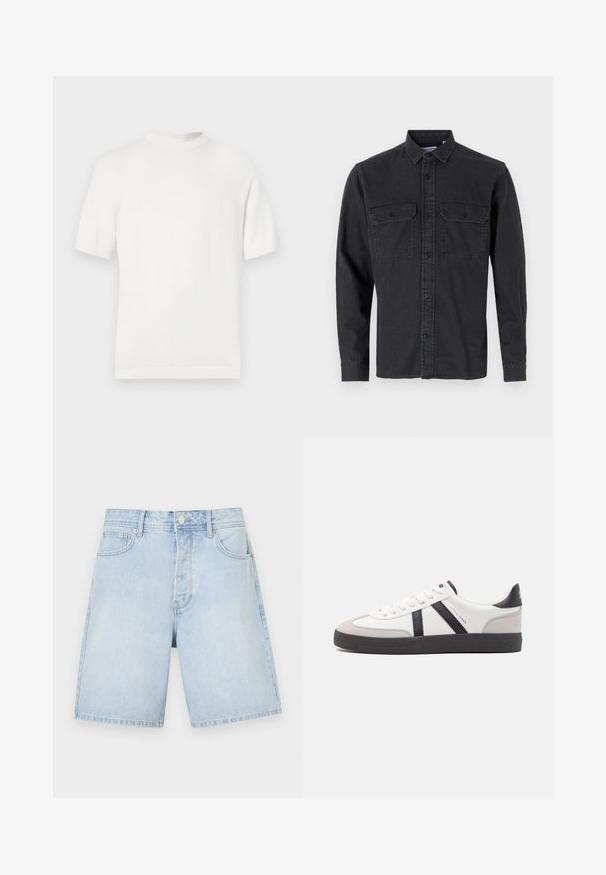 T-shirt en tricot blanc à manches courtes avec un col rond, présentant une texture lisse et des accents côtelés au niveau du col et de l'ourlet.; Chemise à manches longues, de couleur gris foncé, à boutons, en mélange de coton, avec deux poches poitrine et col classique.; Shorts en denim bleu clair à coupe droite, avec poches avant, fermeture à bouton et couture décontractée. Texture lisse sans motifs.; Baskets blanches avec des accents noirs et gris, présentant un embout texturé gris, une semelle en caoutchouc noir et des lacets plats blancs. Design épuré, style minimaliste.