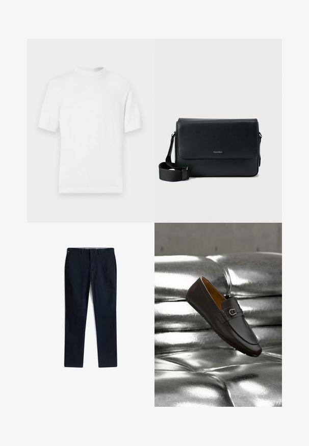 T-shirt en tricot blanc à manches courtes avec un col rond, présentant une texture lisse et des accents côtelés au niveau du col et de l'ourlet.; Chino bleu marine en coton avec une texture lisse. Doté de poches latérales, d'une fermeture à bouton à l'avant et de détails de design minimalistes.; Mocassin en cuir brun foncé avec détail boucle en métal flottant au-dessus d'une surface argentée brillante et rembourrée.; Sac messager en cuir noir à surface texturée, avec une bandoulière ajustable et un rabat avant affichant un logo discret. Forme compacte et rectangulaire.