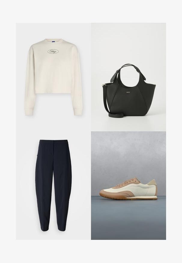 Sweat-shirt court à manches longues couleur crème avec poignets côtelés et logo « Hugo » en écriture dans un ovale sur la poitrine.; Pantalon bleu marine fuselé avec taille mi-haute et poches latérales, présentant des détails de coutures subtiles le long des jambes.; Baskets crème et beige avec une tige texturée, des lacets et une semelle en caoutchouc, présentées au-dessus d'une surface en bois avec des cailloux.; Sac à main en cuir noir avec une surface texturée, un design courbé, des poignées doubles et une bandoulière amovible. Présente un logo de marque à l'avant.