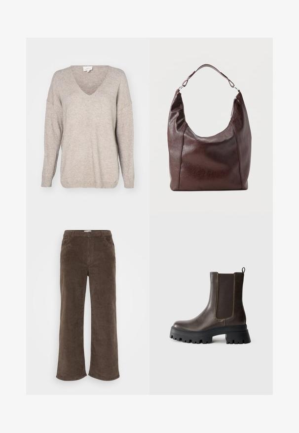 Beige v-hals sweater lavet af blødt strikket materiale, med en afslappet pasform, faldende skuldre og ribbede manchetter og kant.; Brune kordfløjlsbukser med et vidt ben-design, der har en knaplukning, bæltestropper og forlommer. Blød tekstur og ribbet stof.; Brune læder ankelstøvle med elastiske sidepaneler, kraftig sort gummisål, hævet hæl og kontraststingdetaljer.; Mørkebrun læder skuldertaske med en enkelt justerbar rem, en let buet top og en lynlåslukning på den ene side.
