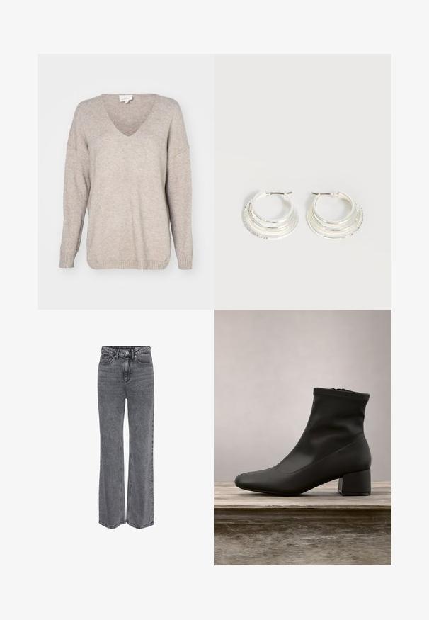 Beige V-Ausschnitt Pullover aus weichem Strickmaterial, mit entspanntem Schnitt, überschnittenen Schultern und gerippten Bündchen und Saum.; Graue Denim-Jeans mit hoher Taille und geradem Bein, vorne mit Knöpfen und Reißverschluss sowie klassischem Fünf-Taschen-Design.; Schwarzer Knöchelstiefel mit glattem, glänzendem Lederfinish, schrägem Blockabsatz und einem eng anliegenden, elastischen Schaft für eine schlanke Silhouette.; Silberne Creolen mit drei geschichteten halbkreisförmigen Bändern, eines davon verziert mit kleinen klaren Kristallen auf hellem Hintergrund.