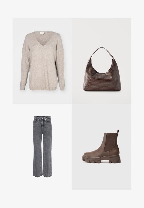 Beige V-Ausschnitt Pullover aus weichem Strickmaterial, mit entspanntem Schnitt, überschnittenen Schultern und gerippten Bündchen und Saum.; Graue Denim-Jeans mit hoher Taille und geradem Bein, vorne mit Knöpfen und Reißverschluss sowie klassischem Fünf-Taschen-Design.; Braune Knöchelstiefel aus strukturiertem Material mit elastischen Seiteneinsätzen, Zugschlaufe und einer stabilen Profilsohle für besseren Halt.; Braune gewebte Lederschultertasche mit einem einzelnen breiten Riemen und einem lockeren, halbmondförmigen Körper.