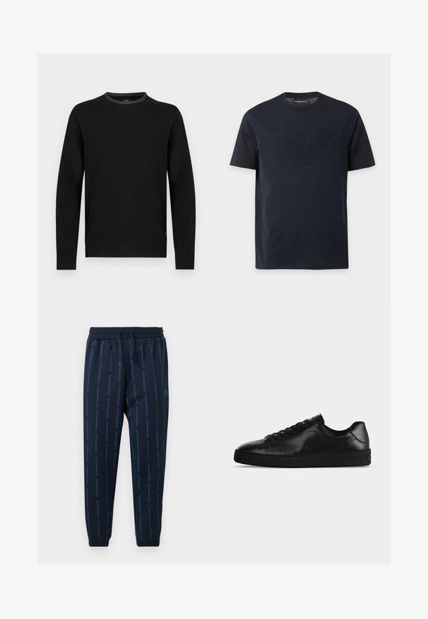 Pull noir à manches longues, col rond avec bord-côtes texturé au col et aux poignets. Fabriqué dans un tissu lisse avec un design simple.; T-shirt noir à manches courtes avec col rond, comportant un logo aigle en relief discret sur la poitrine et une étiquette de marque à l'intérieur du col.; Pantalon de survêtement bleu marine avec taille et poignets élastiqués, arborant un motif de texte vertical "EA7 Emporio Armani" en bleu clair.; Sneaker noir en cuir à profil bas avec lacets sur le devant et semelle plate texturée, montré de profil sur un fond neutre.