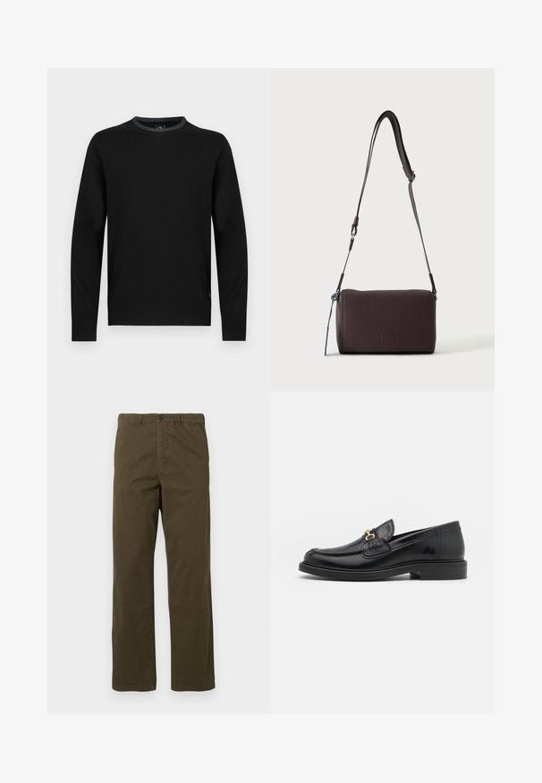 Pull noir à manches longues, col rond avec bord-côtes texturé au col et aux poignets. Fabriqué dans un tissu lisse avec un design simple.; Pantalons en coton marron pour hommes, coupe droite, avec passants de ceinture, bouton frontal et fermeture éclair sur fond clair.; Mocassins en cuir noir avec un embout rond, présentant des accents en métal doré et des détails de couture, montés sur une semelle en caoutchouc texturé et basse.; Sac bandoulière en cuir marron foncé texturé avec une sangle réglable et un petit accent décoratif bleu sur le côté.