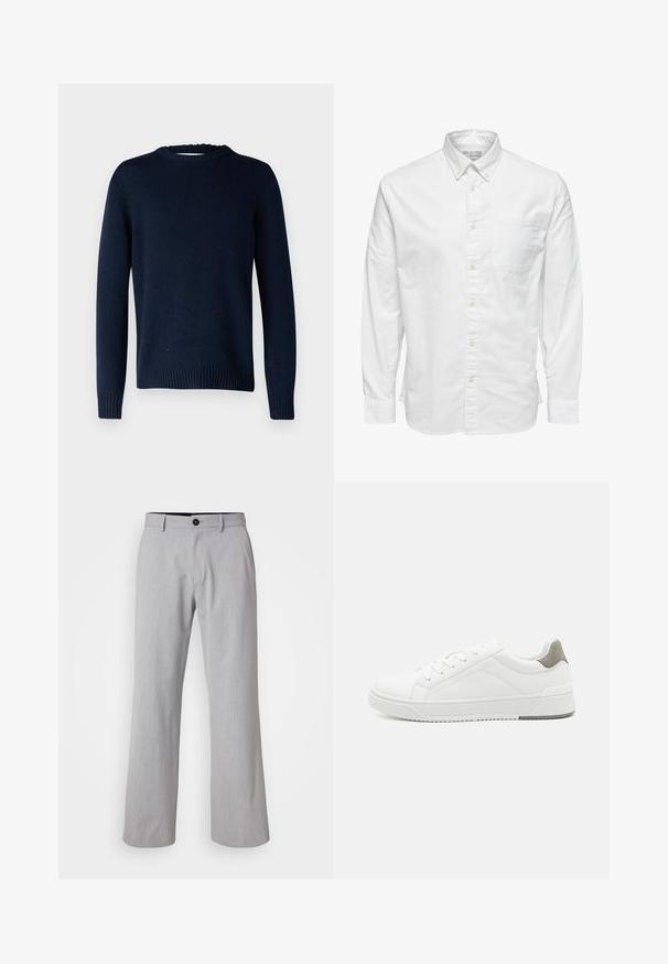 Selected SLMCODY LS KNIT CREW NECK NOOS - Trui - sky captain; Wit overhemd met lange mouwen, knopen, kraag en borstzak, met het label "Selected Homme" aan de binnenkant van de kraag.; Lichtgrijze wijde broek van een gestructureerde stof. Kenmerken zijn een tailleband met riemlussen, een knoopsluiting aan de voorkant en twee zijzakken.; Witte sneaker van glad leer met een ronde neus, minimalistisch ontwerp, grijze hielaccent en een geplaatste rubberen zool.