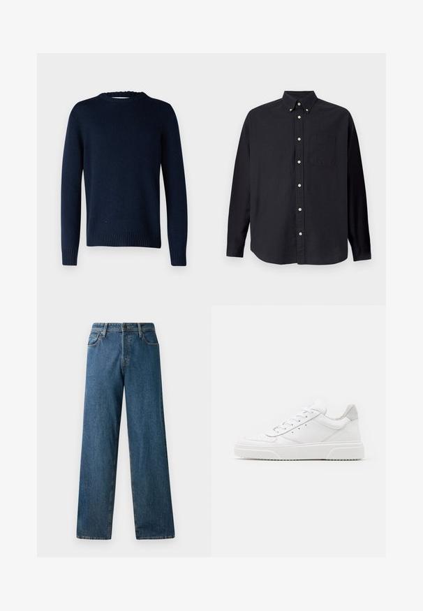 Selected SLMCODY LS KNIT CREW NECK NOOS - Jersey de punto - sky captain; Camisa negra de manga larga hecha de algodón. Presenta un cuello con botones, un bolsillo frontal y una tapeta con botones de color claro.; Jeans de mezclilla de color azul oscuro con un corte relajado, piernas rectas, cinco bolsillos y costuras en contraste. Presentan un cierre frontal con botón y cremallera.; Zapatillas de cuero blanca con un acabado suave, punta redondeada, cordones planos y una suela texturada. Acento de ante gris en el talón.