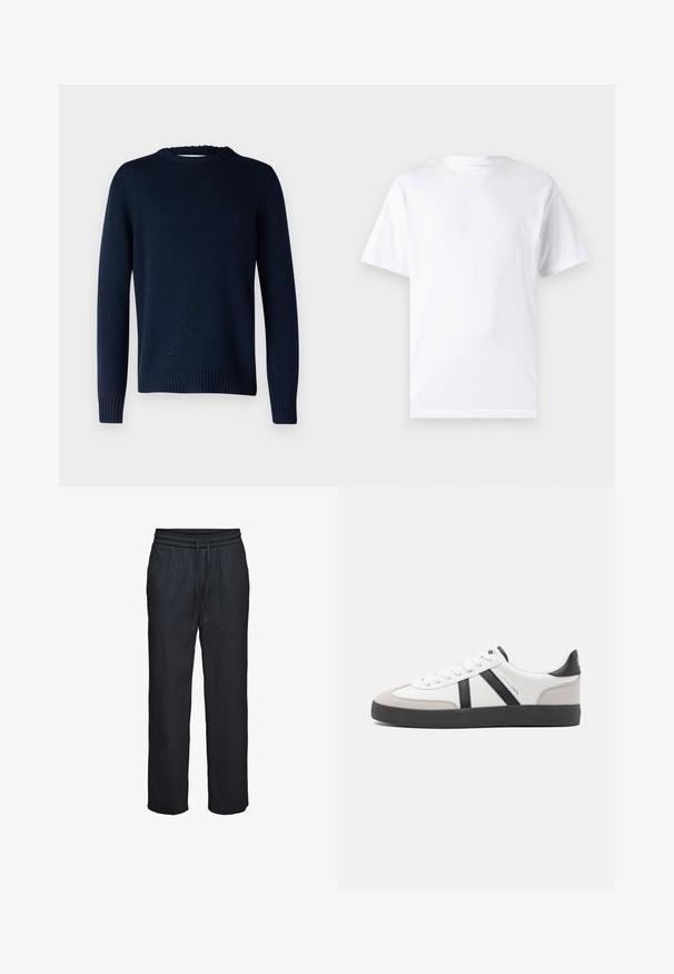 Selected SLMCODY LS KNIT CREW NECK NOOS - Trui - sky captain; Witte T-shirt met korte mouwen, gemaakt van katoen, met een ronde hals. Het heeft een gladde textuur en een eenvoudig ontwerp zonder patronen of accenten.; Zwarte losse broek met elastische tailleband en aantrekkoord, rechte pijpen, gemaakt van lichtgewicht stof.; Witte sneaker met zwarte en grijze accenten, voorzien van een grijze neus met textuur, zwarte rubberen zool en platte witte veters. Schoon ontwerp, minimalistische stijl.
