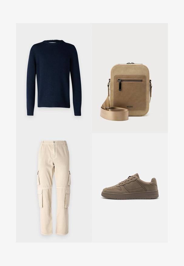 Selected SLMCODY LS KNIT CREW NECK NOOS - Džemper - sky captain; Beežid cargo püksid, mis on valmistatud puuvillast. Omavad küljetaskuid, sirget säärepikkust ning nööpkinnistust vöökoha juures. Lihtsad õmblusdetailid.; Call it Spring FRESHH - Tossud - other grey; Väike beež värvi õlakott ees oleva tõmblukuga tasku, metallist ALDO logo, reguleeritav lai rihm ja ümarate nurkadega ristkülikukujuline kuju valgel taustal.