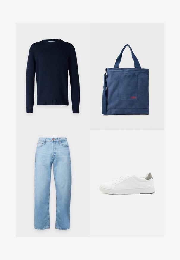Selected SLMCODY LS KNIT CREW NECK NOOS - Pullover - sky captain; Jean en denim bleu clair avec une coupe droite, design cinq poches et fermeture à bouton. Texture lisse et décoloration minimale avec des accents cousus.; Basket blanche en cuir lisse, à bout arrondi, design minimaliste, accent de talon gris et semelle en caoutchouc texturé.; Sac fourre-tout en toile bleue avec poche frontale et broderie rouge "O.N.S", doté de doubles poignées et d'une bandoulière réglable.