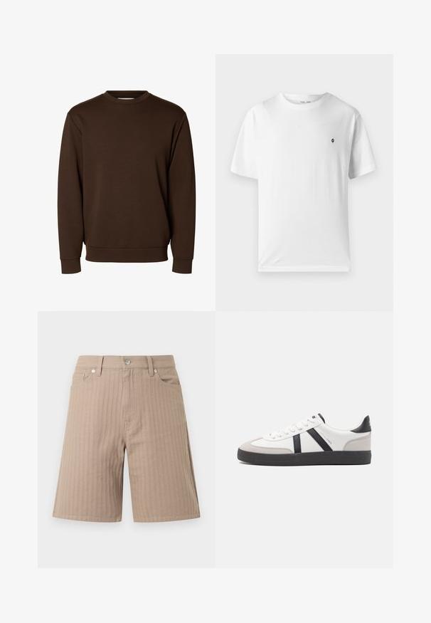Schlichtes dunkelbraunes Sweatshirt mit langen Ärmeln und Rundhalsausschnitt, mit gerippten Bündchen und Bund, vor weißem Hintergrund dargestellt.; Weißes Baumwoll-T-Shirt mit rundem Halsausschnitt, kurzen Ärmeln und einem kleinen schwarzen Logo auf der Brust. Weicher Stoff, lässige Passform.; Beige Shorts aus strukturiertem Stoff mit vertikalen Streifen, einem Bund mit vorderer Knopfleiste und seitlichen Taschen.; Weiße Sneaker mit schwarz- und grau-aczenten, ausgestattet mit einer strukturierten grauen Zehenkappe, schwarzer Gummi-Sohle und flachen weißen Schnürsenkeln. Sauberes Design, minimalistische Stil.