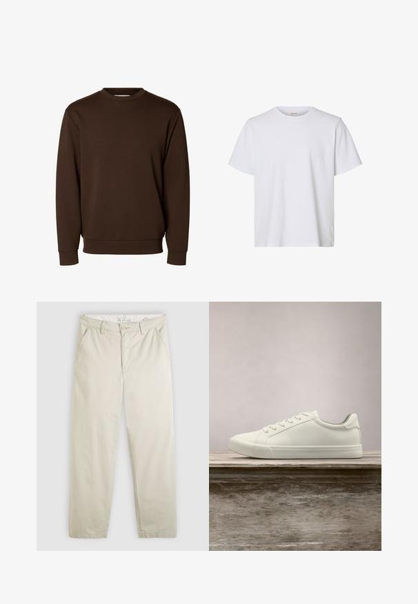 Sudadera lisa de color marrón oscuro con cuello redondo y mangas largas, con puños y cinturilla acanalados, mostrada sobre un fondo blanco.; Camiseta blanca lisa de manga corta con cuello redondo, ajuste regular y textura de tela suave, presentada sobre un fondo blanco.; Pantalones chinos de pierna recta color beige claro con bolsillos delanteros, trabillas para cinturón, cierre de botón y cremallera, mostrados planos sobre un fondo blanco.; Zapatilla blanca con cordones flotando sobre un banco de madera con follaje verde al fondo, mostrando el diseño y la textura del zapato.