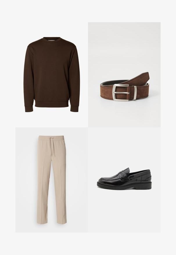 Ensfarvet mørkebrun langærmet sweatshirt med rund hals, med ribstrikkede manchetter og linning, vist på hvid baggrund.; Beige, afslappede bukser lavet af blødt materiale, med elastisk talje og snøre samt lige ben med minimale detaljer.; Sorte læder loafers med en glat finish, rund tå, lav hæl og dekorativ syning langs forsiden. Gummisål for godt greb.; Brun ruskindsbælte med en sølvmetalspænde og linær syning. Bæltet er fladt og har en klassisk bredde og form.