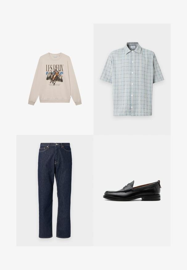 Sweatshirt beige à manches longues, encolure ronde et motif à l'avant représentant un cavalier et des montagnes. Matière douce, coupe décontractée.; Chemise à manches courtes à boutons avec un motif à carreaux bleu et blanc, col évasé et boutons blancs sur le devant.; Jean en denim bleu foncé avec une coupe droite. Comprend une fermeture à bouton et à fermeture éclair, cinq poches et des détails de surpiqure contrastants.; Mocassin homme en cuir noir avec couture moc toe, bride penny, col texturé et petit talon empilé sur fond blanc.