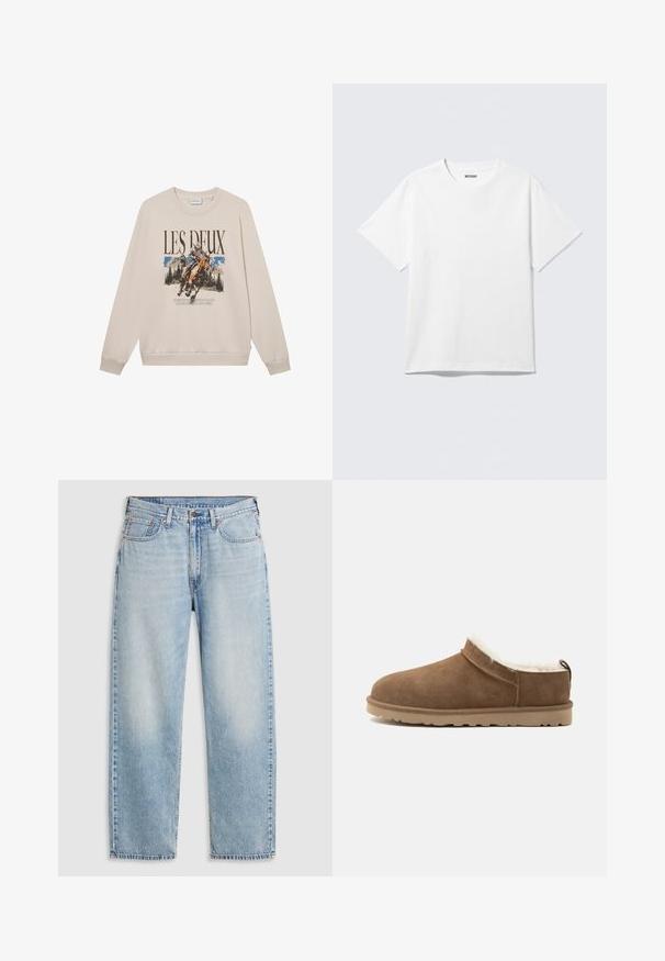 Sweatshirt beige à manches longues, encolure ronde et motif à l'avant représentant un cavalier et des montagnes. Matière douce, coupe décontractée.; T-shirt blanc à manches courtes et col rond, étalé à plat, design uni, avec l'étiquette "WEEKDAY" à l'intérieur du col sur un fond clair.; Jean droit bleu clair avec cinq poches, fermeture à bouton en métal et un délavage au niveau des cuisses et des genoux, posé à plat sur un fond blanc.; Chausson marron en daim à enfiler avec semelle beige et doublure polaire blanche, conçu pour la chaleur et le confort à l’intérieur.