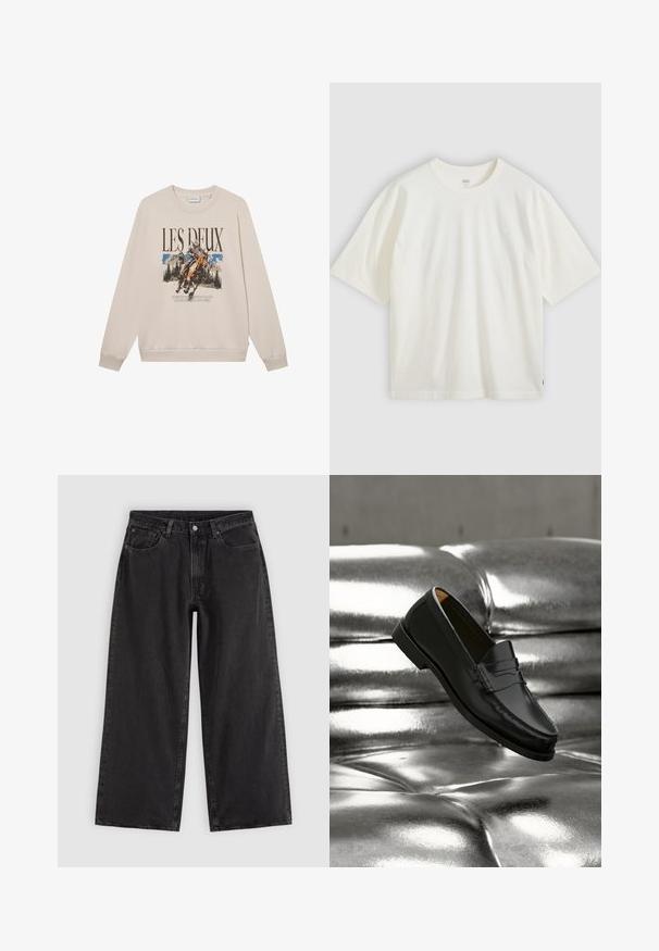 Sweatshirt beige à manches longues, encolure ronde et motif à l'avant représentant un cavalier et des montagnes. Matière douce, coupe décontractée.; T-shirt blanc à manches courtes en coton. Col rond, coupe décontractée, marquage discret sur la poitrine et une étiquette rouge à l'ourlet.; Jean en denim noir à jambes larges avec poches avant, passants pour ceinture et fermeture par boutons, présenté sur un fond clair uni.; Mocassin en cuir noir flottant au-dessus d'un canapé en cuir argenté brillant matelassé à boutons dans un décor minimaliste.