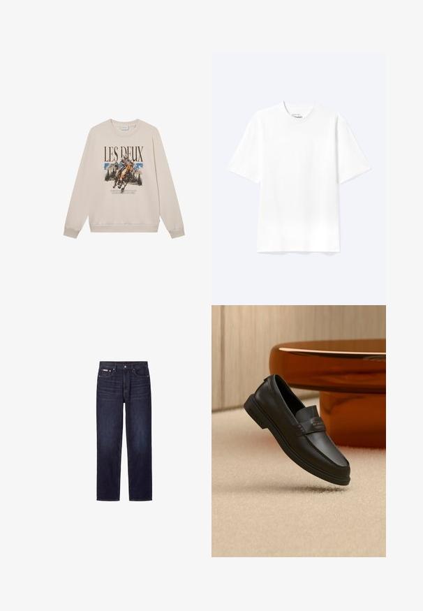 Sweatshirt beige à manches longues, encolure ronde et motif à l'avant représentant un cavalier et des montagnes. Matière douce, coupe décontractée.; T-shirt blanc uni à manches courtes et col rond avec une coupe décontractée, présenté sur un fond clair.; Jean denim bleu foncé droit avec cinq poches, fermeture par bouton et coutures visibles.; Chaussure noire en cuir à enfiler avec des accents cousus, un col relevé et une semelle en caoutchouc plate, positionnée au-dessus d'une surface beige douce.