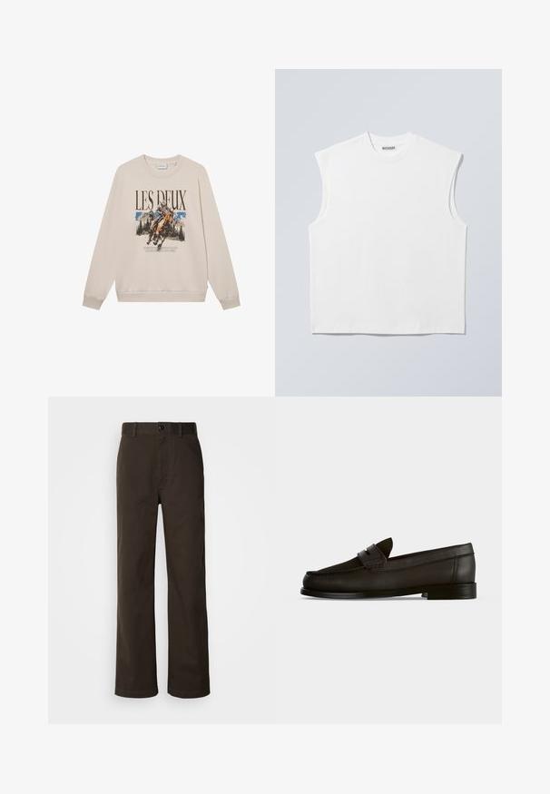 Sweatshirt beige à manches longues, encolure ronde et motif à l'avant représentant un cavalier et des montagnes. Matière douce, coupe décontractée.; Haut blanc sans manches en coton à col rond avec épaules structurées, marqué "WEEKDAY" sur l'étiquette du col, présenté sur un fond gris clair.; Pantalons en coton marron avec une coupe droite, dotés d'une fermeture à bouton, de passants de ceinture et de détails de couture minimalistes.; Mocassin penny en cuir noir avec petit talon, bout arrondi et détail de bride sur l’avant, vu de profil sur fond uni.