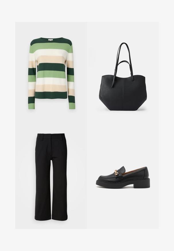 Pull rayé à manches longues. Les couleurs comprennent le vert foncé, le vert clair, la crème et le beige. Fabriqué en matériau tricoté doux. Encolure ronde.; Pantalons larges noirs en tissu lisse. Présente une taille plate, des passants de ceinture et un ourlet propre sans poches ni fermetures visibles.; Mocassin en cuir noir avec une semelle plateforme épaisse, orné d'une chaîne métal doré et présentant des détails de couture visibles. Texture lisse et design élégant.; Sac fourre-tout noir en cuir lisse et texturé, avec un haut arrondi et deux longues anses. Présente une base angulaire pour la stabilité et un design structuré.