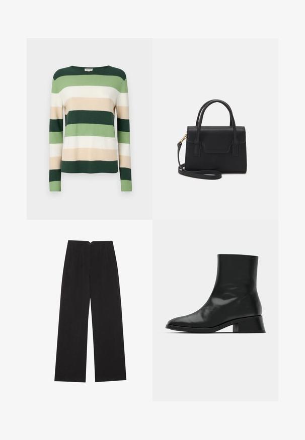 Pull rayé à manches longues. Les couleurs comprennent le vert foncé, le vert clair, la crème et le beige. Fabriqué en matériau tricoté doux. Encolure ronde.; Anna Field Pantalon classique - black; Bottine noire en cuir brillant, au design épuré, avec un bout pointu et un petit talon bloc pour plus de stabilité.; Sac à main structuré noir en cuir avec une poignée supérieure, une bandoulière détachable et un détail à rabat à l'avant. Accents en matériel doré.