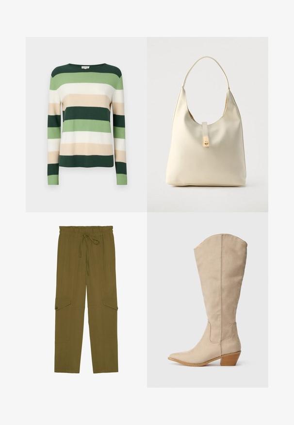 Stribet sweater med lange ærmer. Farverne inkluderer mørkegrøn, lys grøn, creme og beige. Lavet af et blødt strikmateriale. Rund halsudskæring.; Marc O'Polo PANTS, FLUENT UTILITY STYLE, STRAIGHT LEG, PATCH POCKETS, ELASTIC WAIST - Bukser - forest floor; Beige ruskind støvle der går op til knæet, med spids tå, stablet hæl og synlige sømdetaljer. Glat tekstur med simpelt design.; Hobo-taske i cremefarvet læder med en enkelt skulderrem, glat tekstur og et guldfarvet spænde foran.