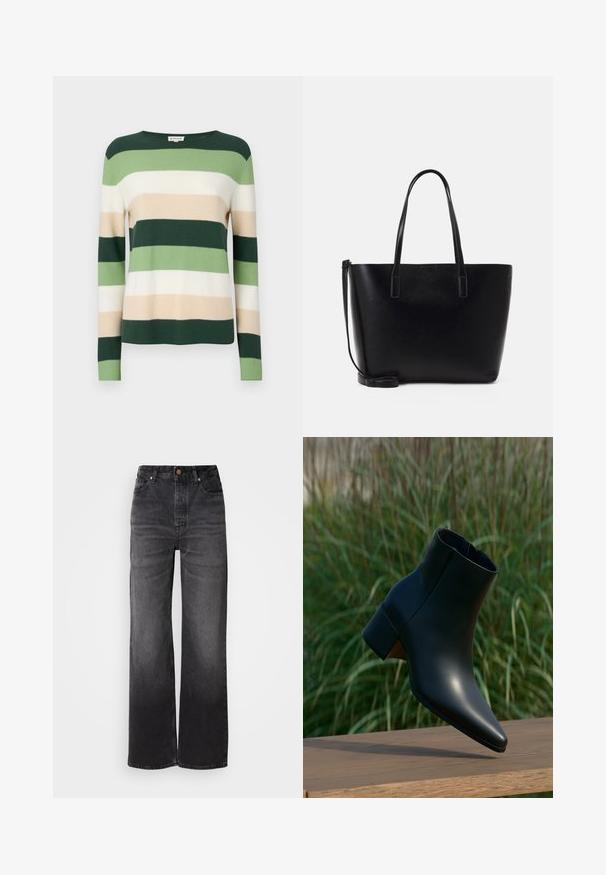 Pull rayé à manches longues. Les couleurs comprennent le vert foncé, le vert clair, la crème et le beige. Fabriqué en matériau tricoté doux. Encolure ronde.; Jeans en denim noir évasés à taille haute, cinq poches, fermeture à bouton et texture légèrement décolorée. Tissu épais avec une coupe structurée.; Bottine noire en cuir avec talon bloc, bout pointu, présentée au-dessus d'une surface en bois avec un fond flou d'herbe verte.; Sac à dos en cuir noir avec deux longues anses, une forme structurée, une texture lisse et une bandoulière amovible. Détail de marque subtil.