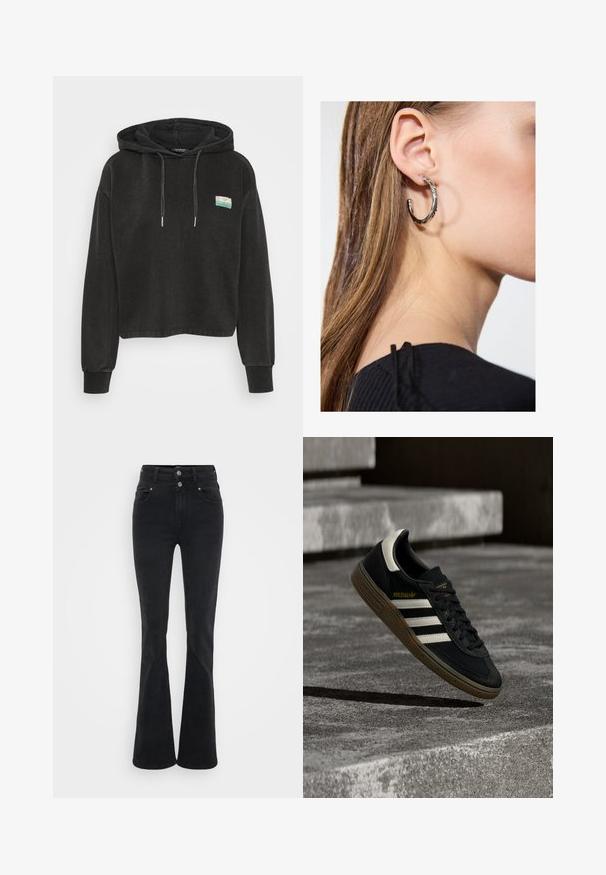 Sort cropped hoodie lavet af blød stof, med en kengurulomme, snørelukning på hætten og et lille farverigt patch foran.; Sorte flagrende jeans lavet af denim, med høj talje, to knapper og frontlommer. Stoffet har en glat tekstur med let stræk.; Sort Adidas-sneaker med hvide striber og gummisåler, svævende over grå betontrapper i naturligt lys.; Sølv hoop ørestik med en poleret overflade, prydet med små guld accenter og en rund form, båret på øreflippen.