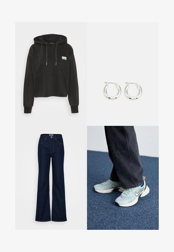 Sort cropped hoodie lavet af blød stof, med en kengurulomme, snørelukning på hætten og et lille farverigt patch foran.; ONLY Tall ONLJUICY WIDE RINSE - Wide leg - dark blue denim; Lyseblå mesh Nike sneakers med struktureret finish, sort swoosh og cremefarvet mellemsål, parret med mørkegrå vide bukser.; Sølv hoop-øreringe med en poleret finish, der har en cirkulær form og en hængslet lukning. Glat tekstur med minimal detaljering.
