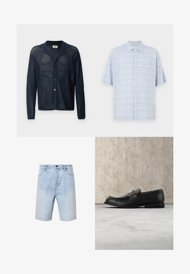 Marineblå, strikket cardigan i mesh med krave, frontknapper og lange ærmer, der har en let og åndbar tekstur.; Lyseblå og hvide ternet kortærmet skjorte med knapper, frontlomme og klassisk krave.; Lyseblå denimshorts med regular fit, fem-lomme design og knaplukning. Har subtilt slid og syet kant.; Sort læderloafer med metalbrandskilt hvilende nær et brunt rundt bord på beige tæppe.