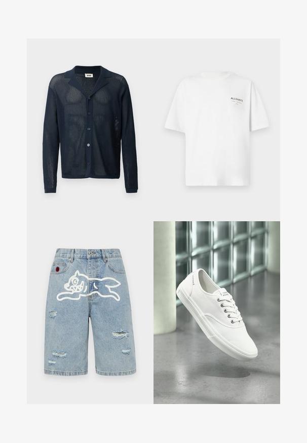 Cárdigan de punto de malla en azul marino, con solapa, botones en el frente y mangas largas, que presenta una textura ligera y transpirable.; Camiseta blanca de algodón de manga corta con pequeño texto negro "ALLSAINTS" y caracteres japoneses impresos en el pecho izquierdo.; Icecream RUNNING DOG - Shorts vaqueros - heavy wash blue; Zapatilla blanca de lona baja con cordones, etiquetada como Tommy Hilfiger, mostrada flotando sobre un suelo gris liso cerca de una pared de bloques de vidrio.
