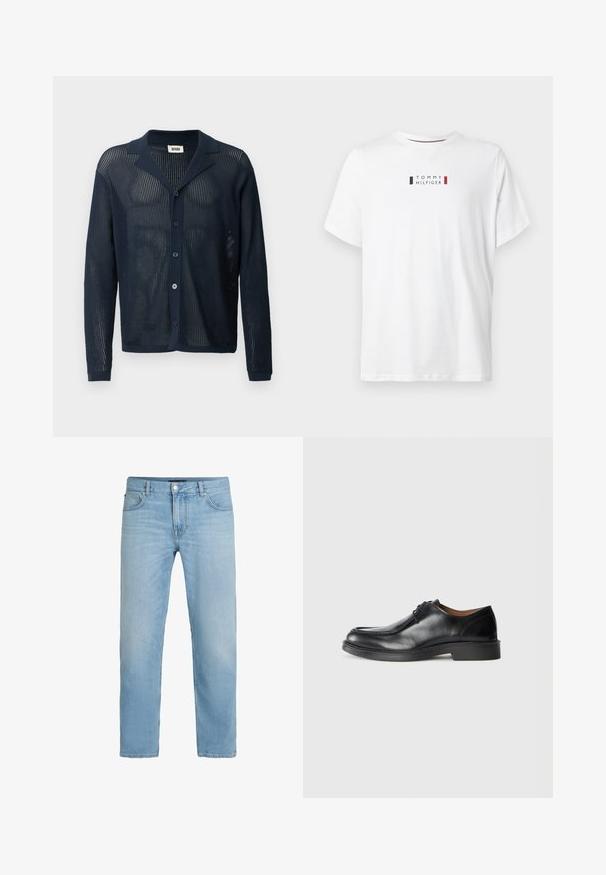 Marineblauwe, gemeshde gebreide cardigan met een kraag, knopen aan de voorkant en lange mouwen, met een lichte, ademende textuur.; Witte katoenen T-shirt met ronde hals. Bevat een centraal logo met zwarte en rode accenten met de tekst "TOMMY HILFIGER." Korte mouwen.; Lichtblauwe rechtelle denim jeans met voorste knoop, ritsluiting en ontwerp met vijf zakken.; Zwarte leren dresschoenen met een ronde neus, een gladde afwerking, veters en een lage, gestructureerde rubberen zool. Strakke lijnen en een minimalistisch ontwerp.