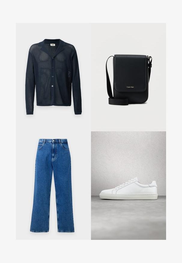 Marineblå, strikket cardigan i mesh med krave, frontknapper og lange ærmer, der har en let og åndbar tekstur.; Blå højtaljede, brede denimjeans med frontknap og lynlås, bæltestropper og fem lommer.; Hvide sneakers med en glat læderoverdel og lav profil. Har en rund tå, seks snørehuller og en tekstureret gummisål.; Sort Calvin Klein crossbody-taske med klap, justerbar rem og lille guldlogo på forsiden, mod en ens hvid baggrund.
